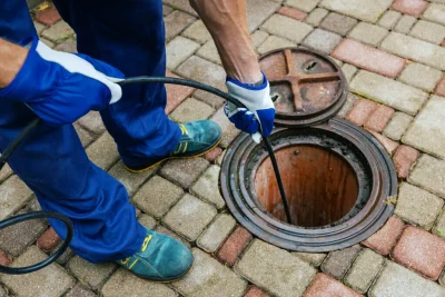 Plumber cleaning an outdoor sewer drain in Miami