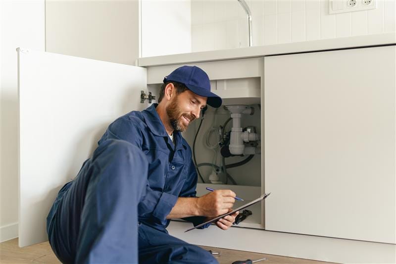 Residential plumber reviewing plumbing repairs in a Miami kitchen