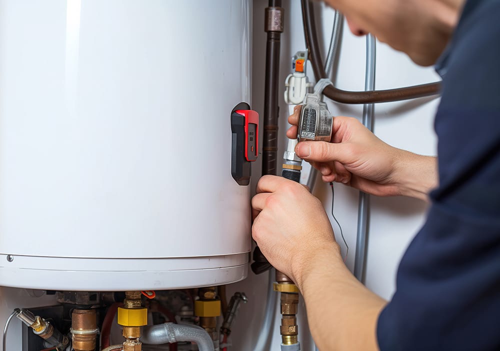Technician repairing pipes connected to a water heater in Miami
